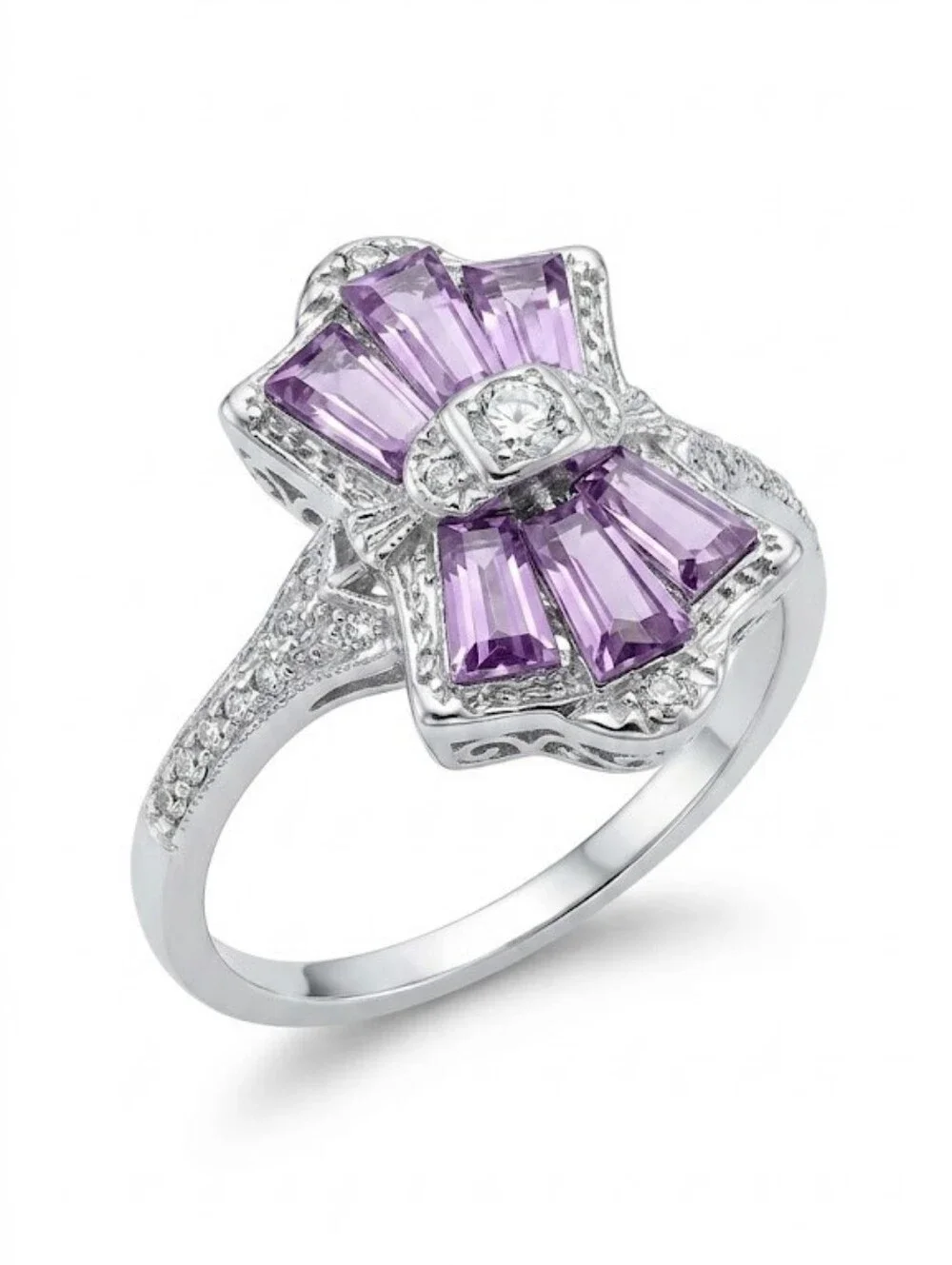 Silver Tone Purple Baguette Bow Statement Ring Size 9.5